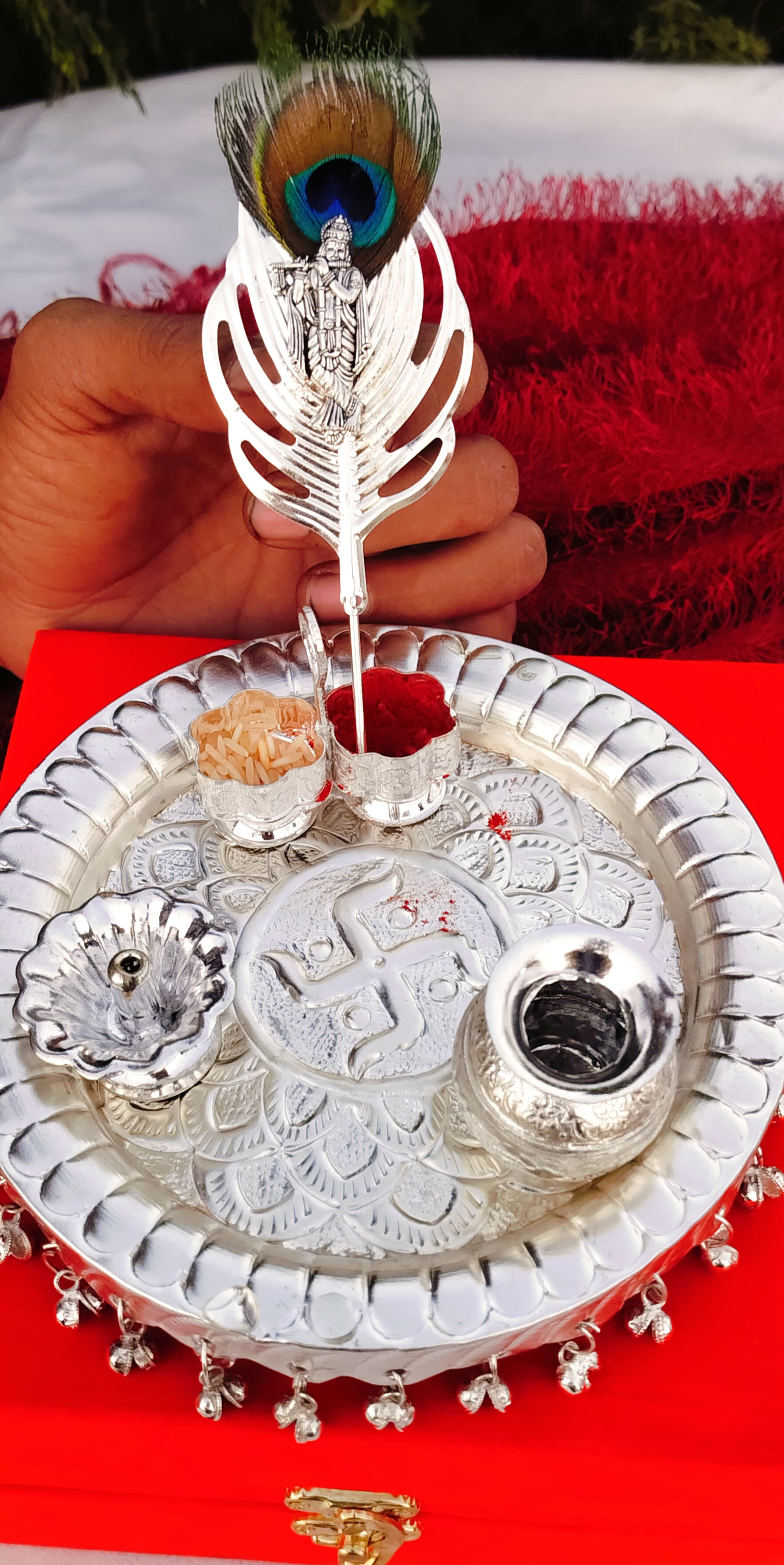 German silver Ghungaru aarti thali set with peacock feather flute Krishna Tilak stick